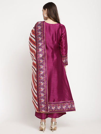 Women's Purple Poly Silk Solid Kurta Palazzo Set With Dupatt