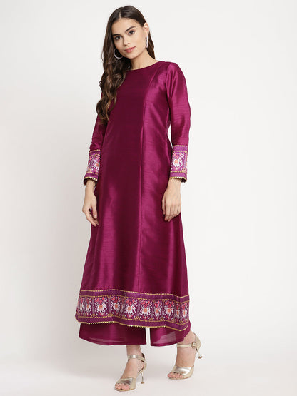 Women's Purple Poly Silk Solid Kurta Palazzo Set With Dupatt