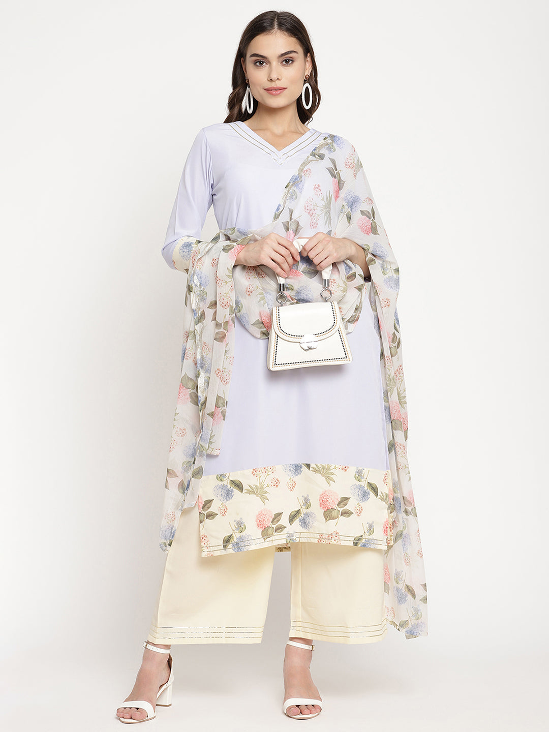 Women's Powder Blue Crepe Kurta Palazzo Set With Dupatt