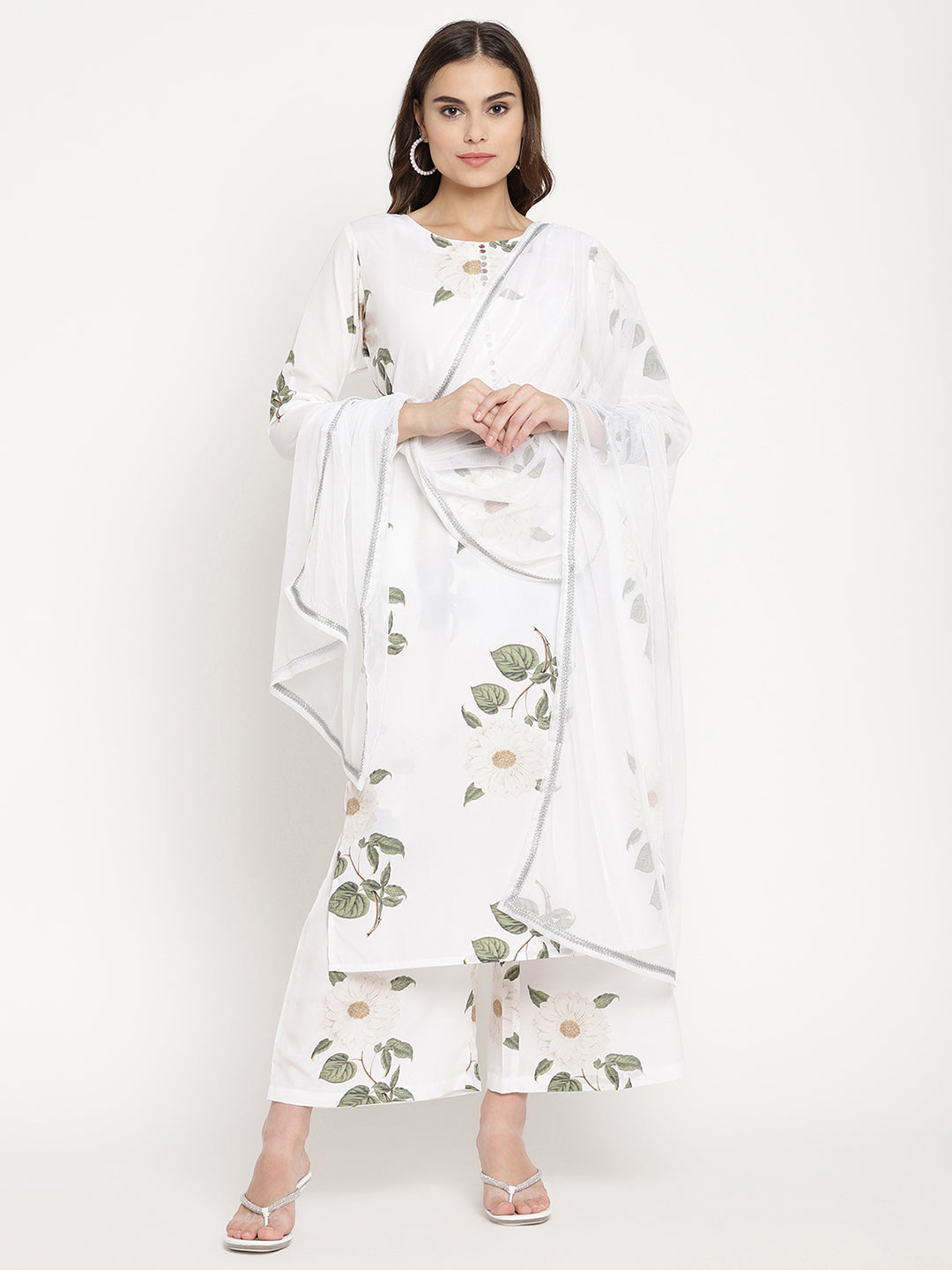 Women's White Crepe Digital Print Kurta Palazzo Set With Dupatt