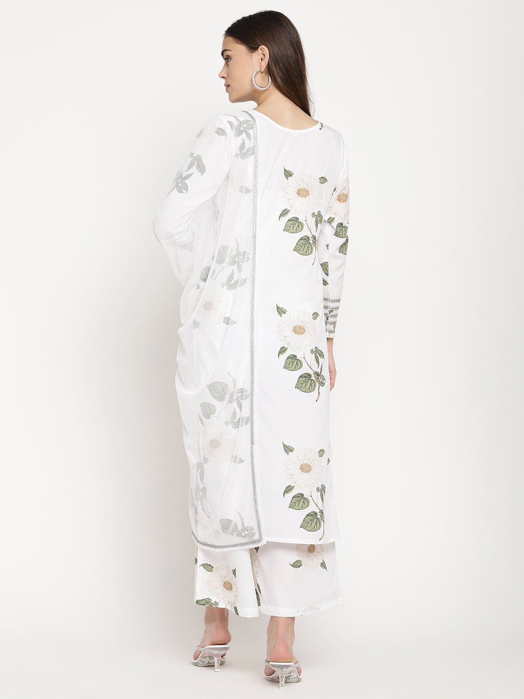 Women's White Crepe Digital Print Kurta Palazzo Set With Dupatt