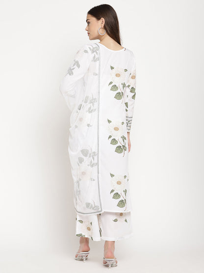 Women's White Crepe Digital Print Kurta Palazzo Set With Dupatt
