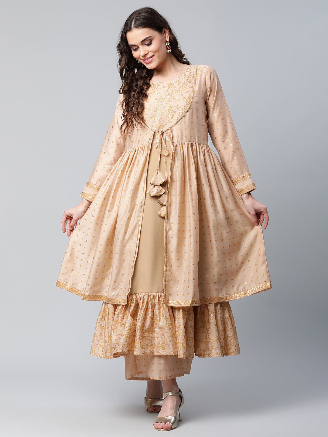 Women's Beige Chanderi Kurta Palazzo Set With Dupatta