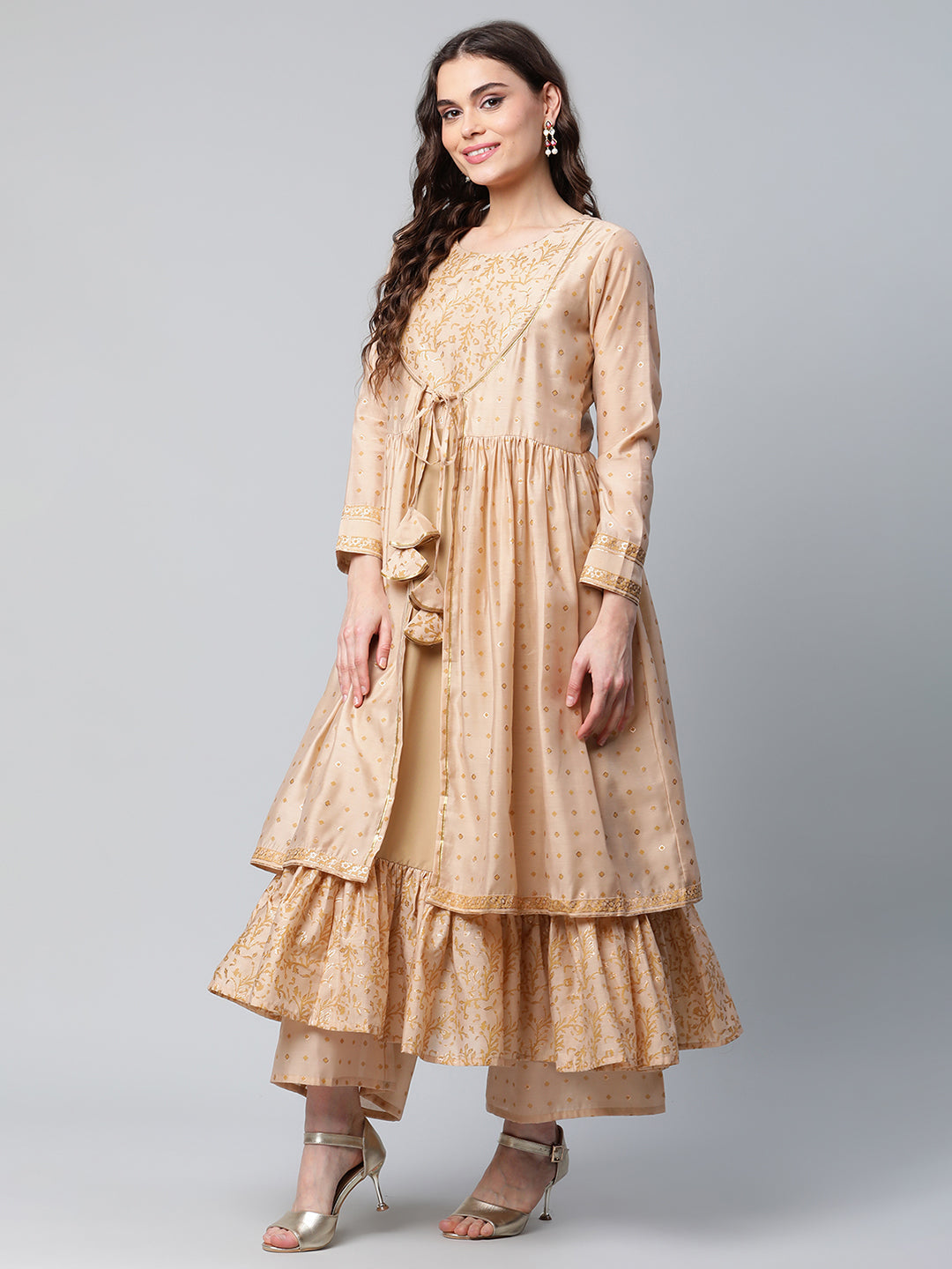 Women's Beige Chanderi Kurta Palazzo Set With Dupatta