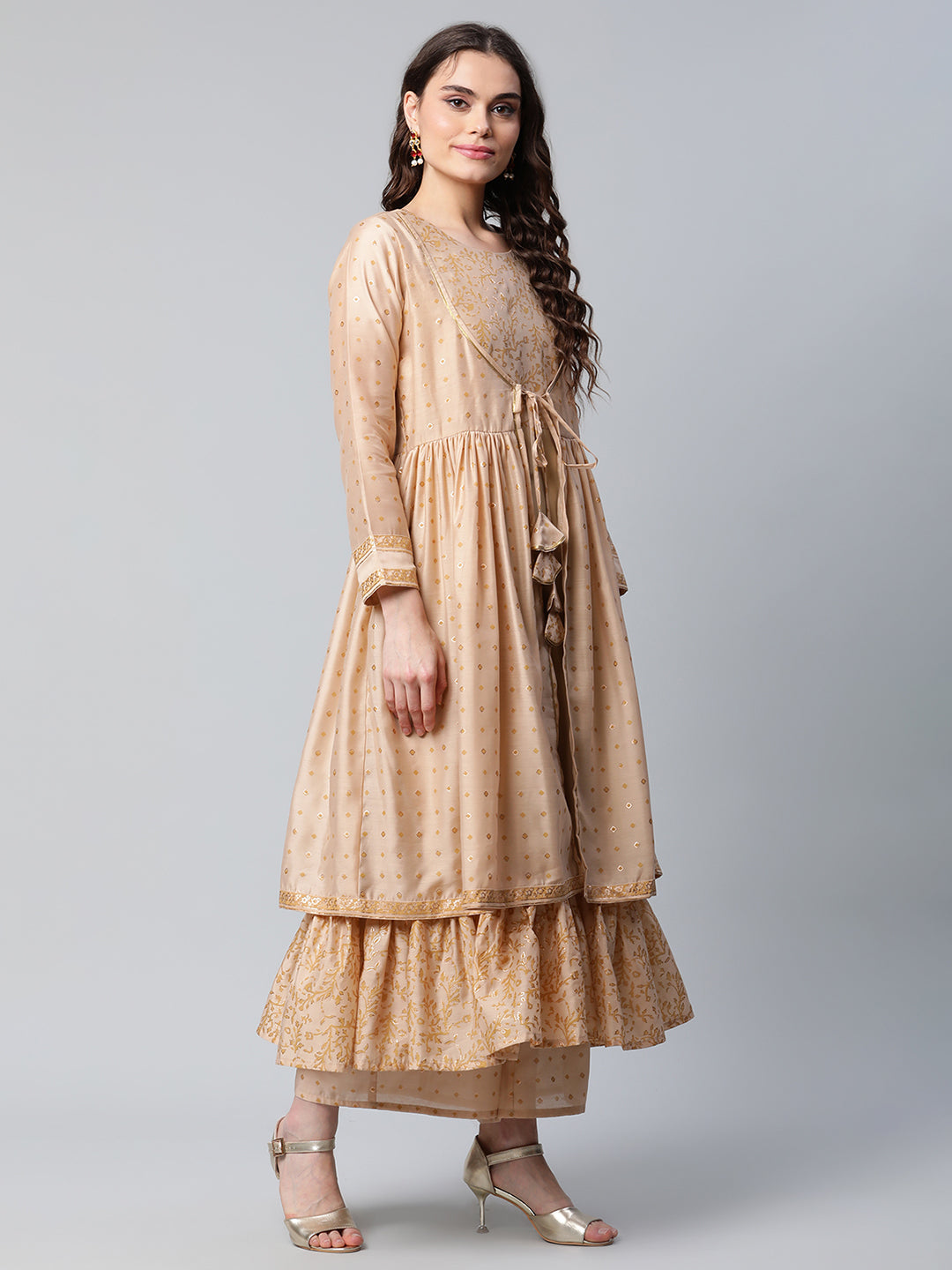 Women's Beige Chanderi Kurta Palazzo Set With Dupatta