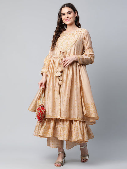 Women's Beige Chanderi Kurta Palazzo Set With Dupatta