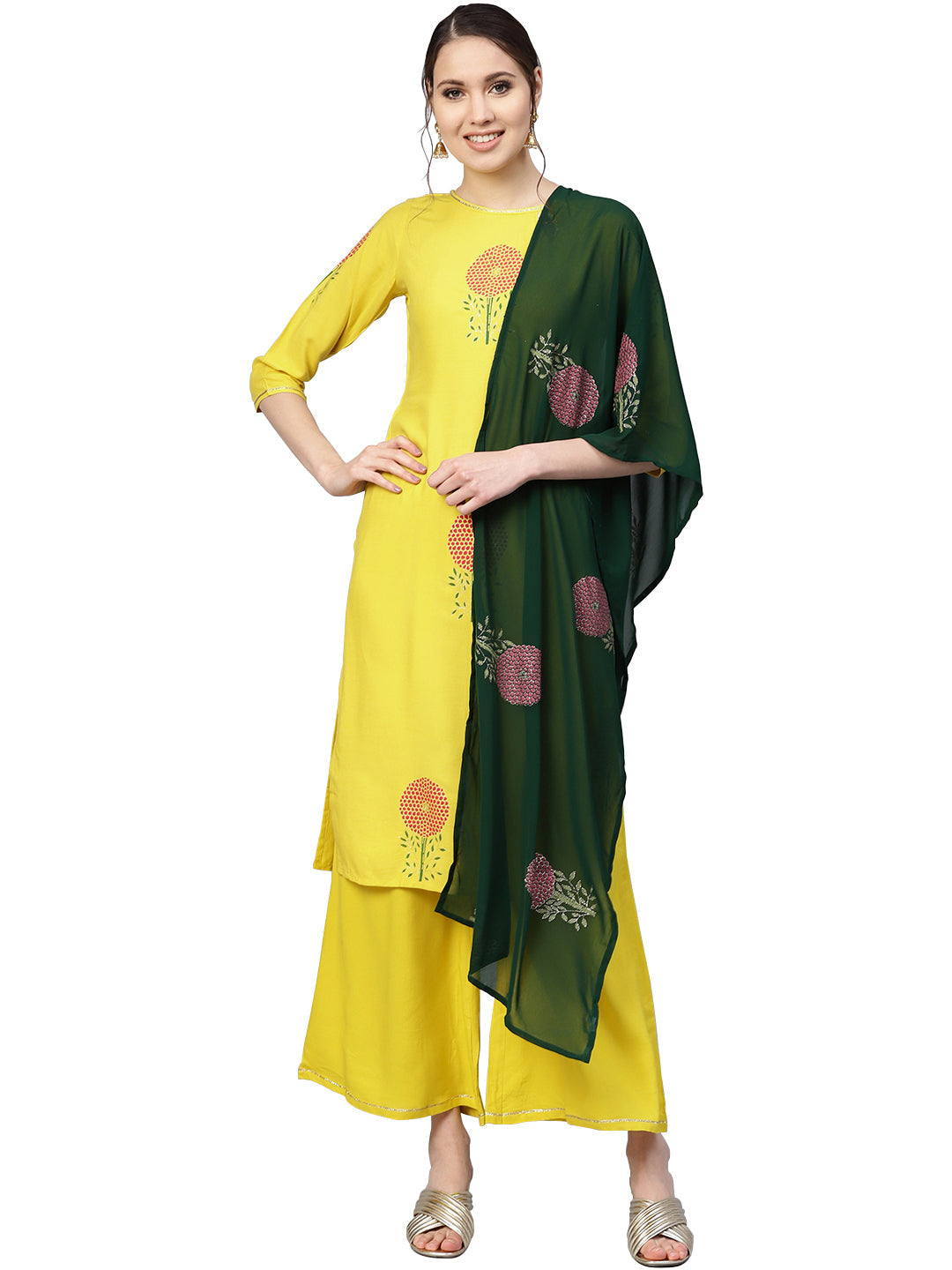 Women's Pink Viscose Rayon Printed Kurta Trouser Set With Dupatt