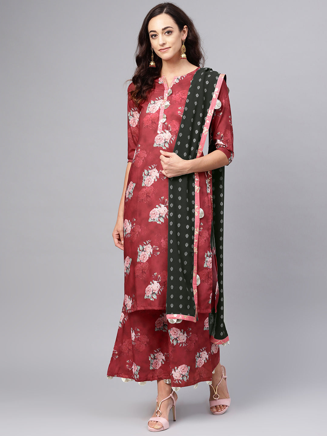 Women's Maroon & Geen Floral Kurta Set