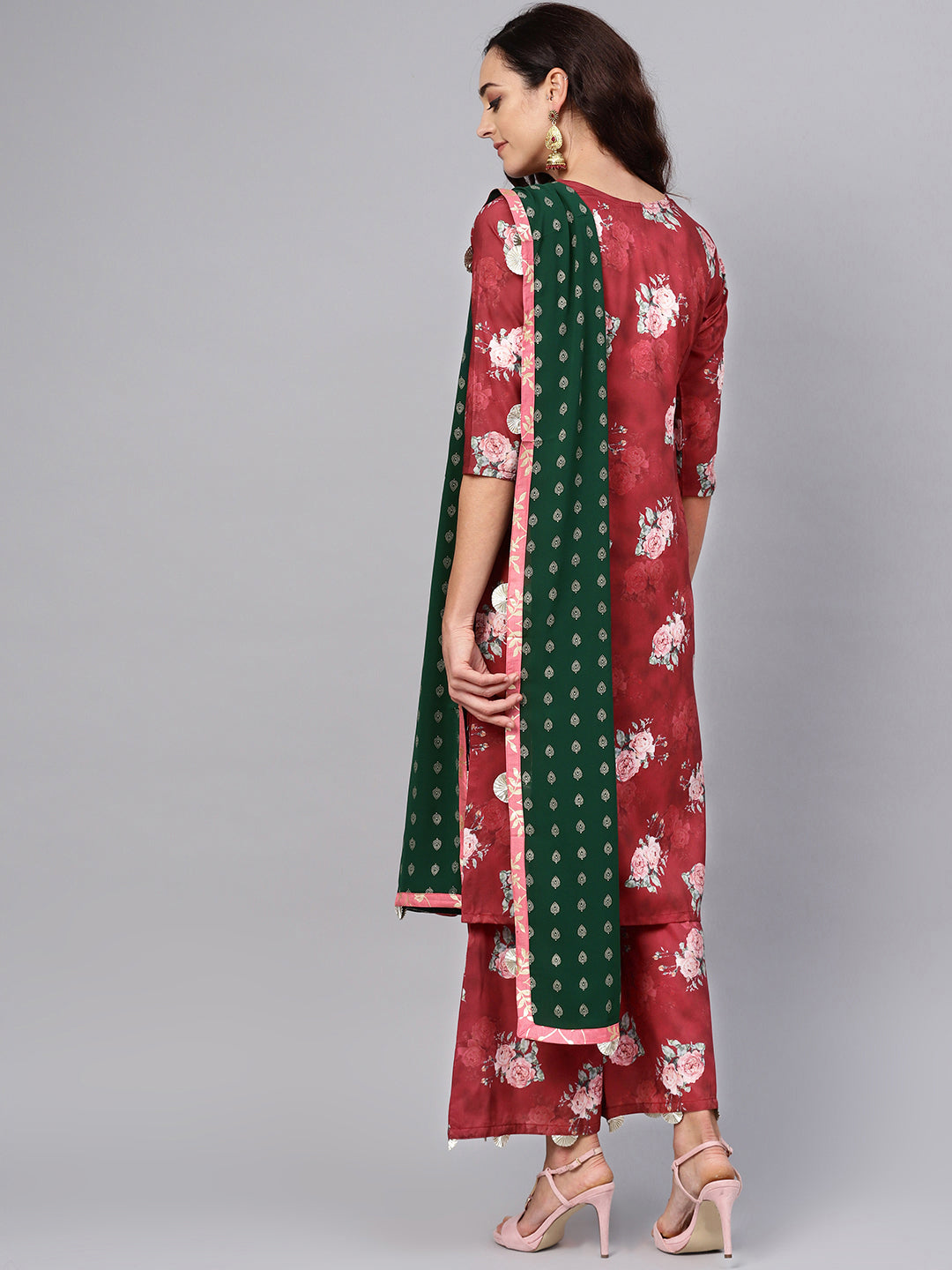 Women's Maroon & Geen Floral Kurta Set