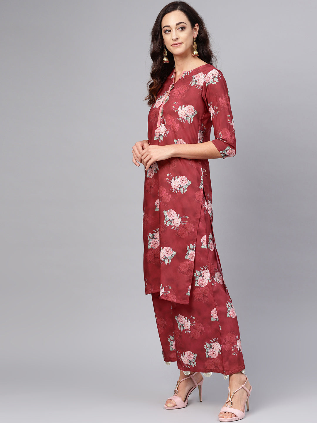 Women's Maroon & Geen Floral Kurta Set