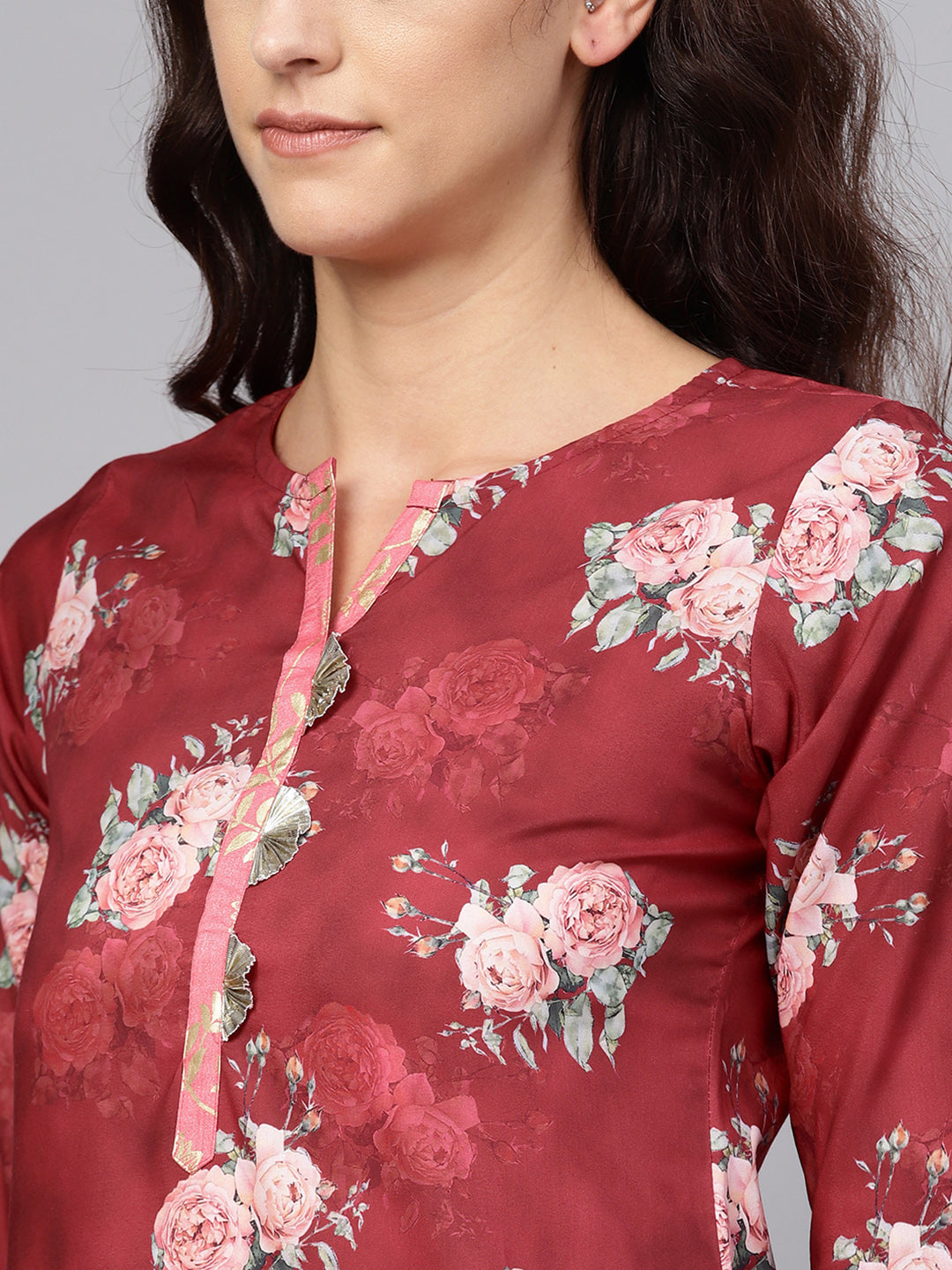 Women's Maroon & Geen Floral Kurta Set