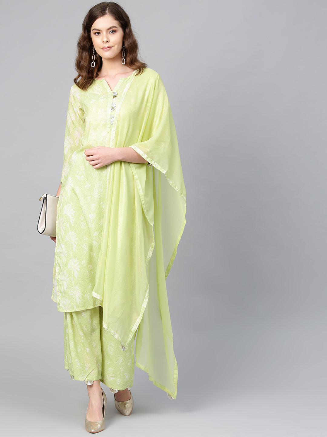Women's Green And White Printed Kurta Set