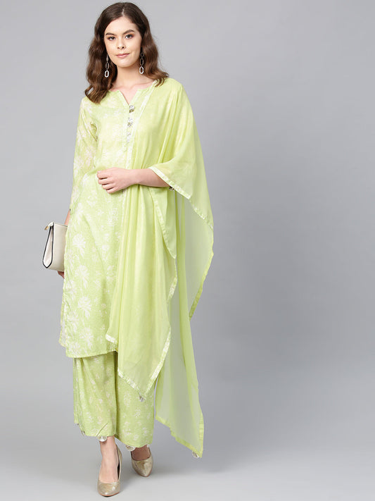 Women's Green And White Printed Kurta Set