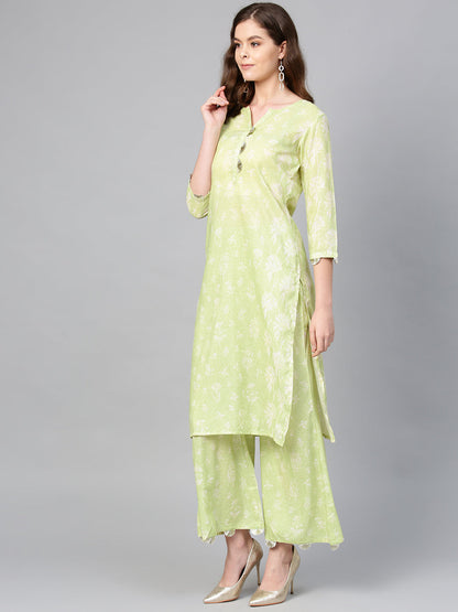Women's Green And White Printed Kurta Set