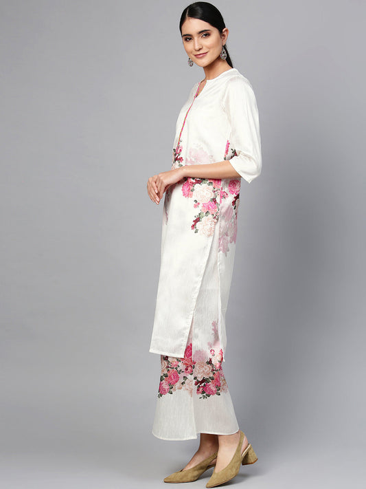 Women's Off White Printed Straight Kurta Set