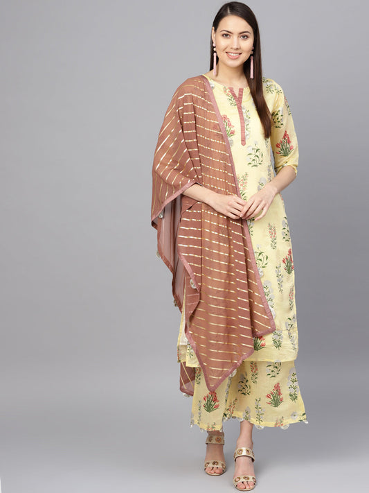 Women's  Yellow Printed Kurta With Skirt
