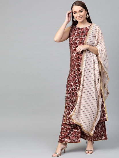 Women's  Maroon Printed Kurta Set