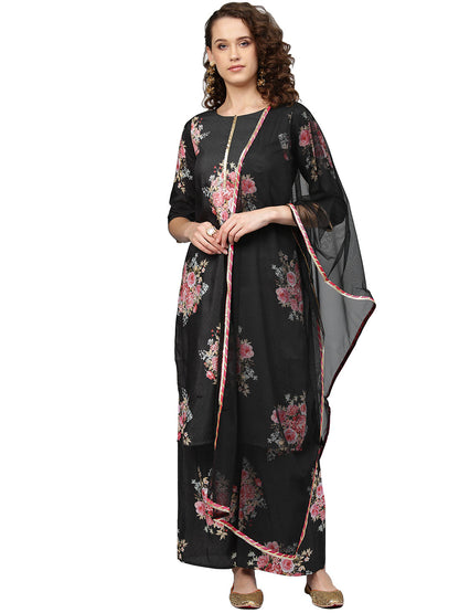 Women's Black Muslin Printed Kurta Palazzo Set With Dupatt