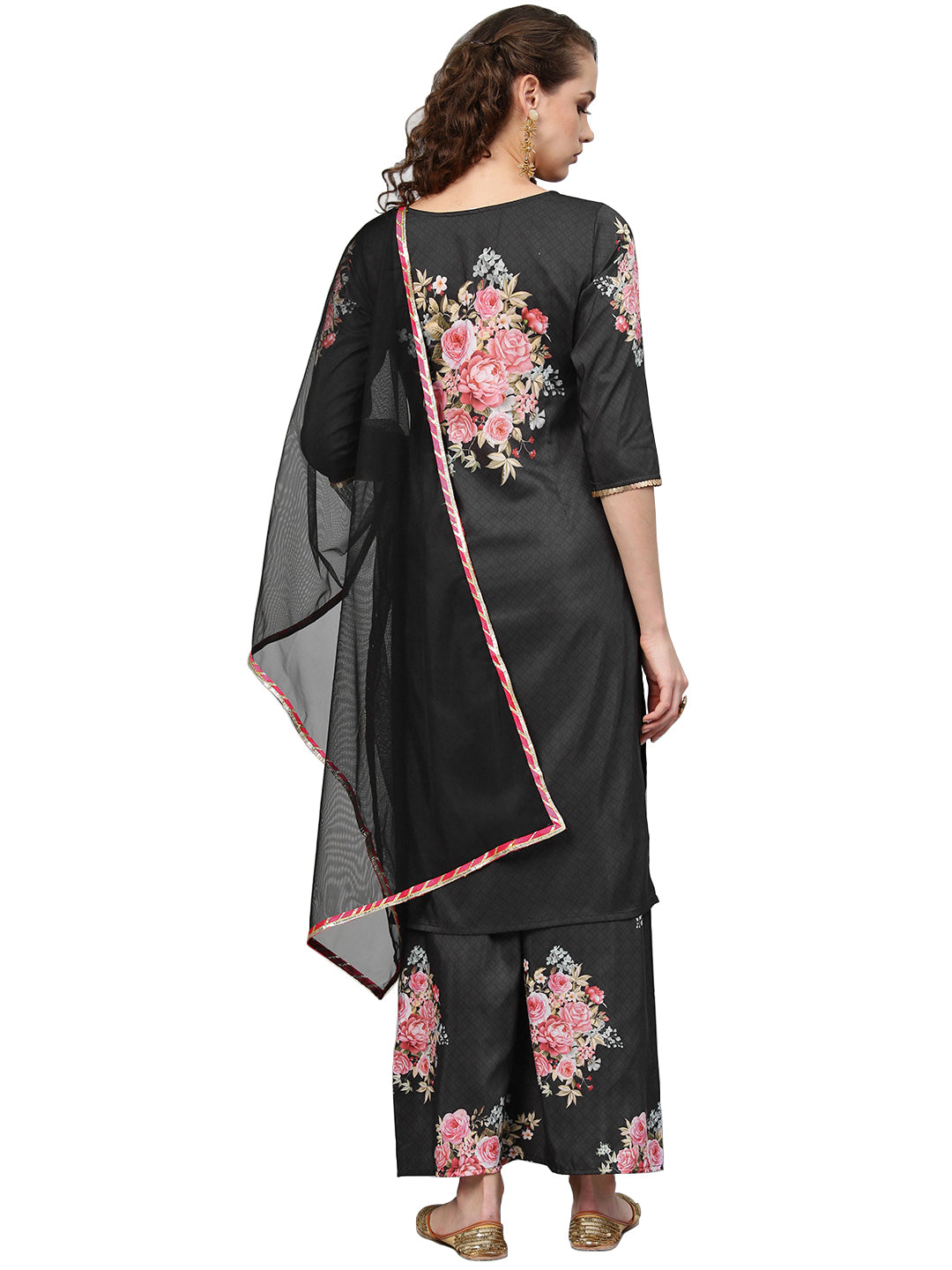 Women's Black Muslin Printed Kurta Palazzo Set With Dupatt
