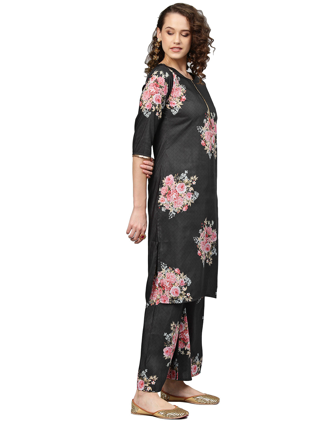Women's Black Muslin Printed Kurta Palazzo Set With Dupatt