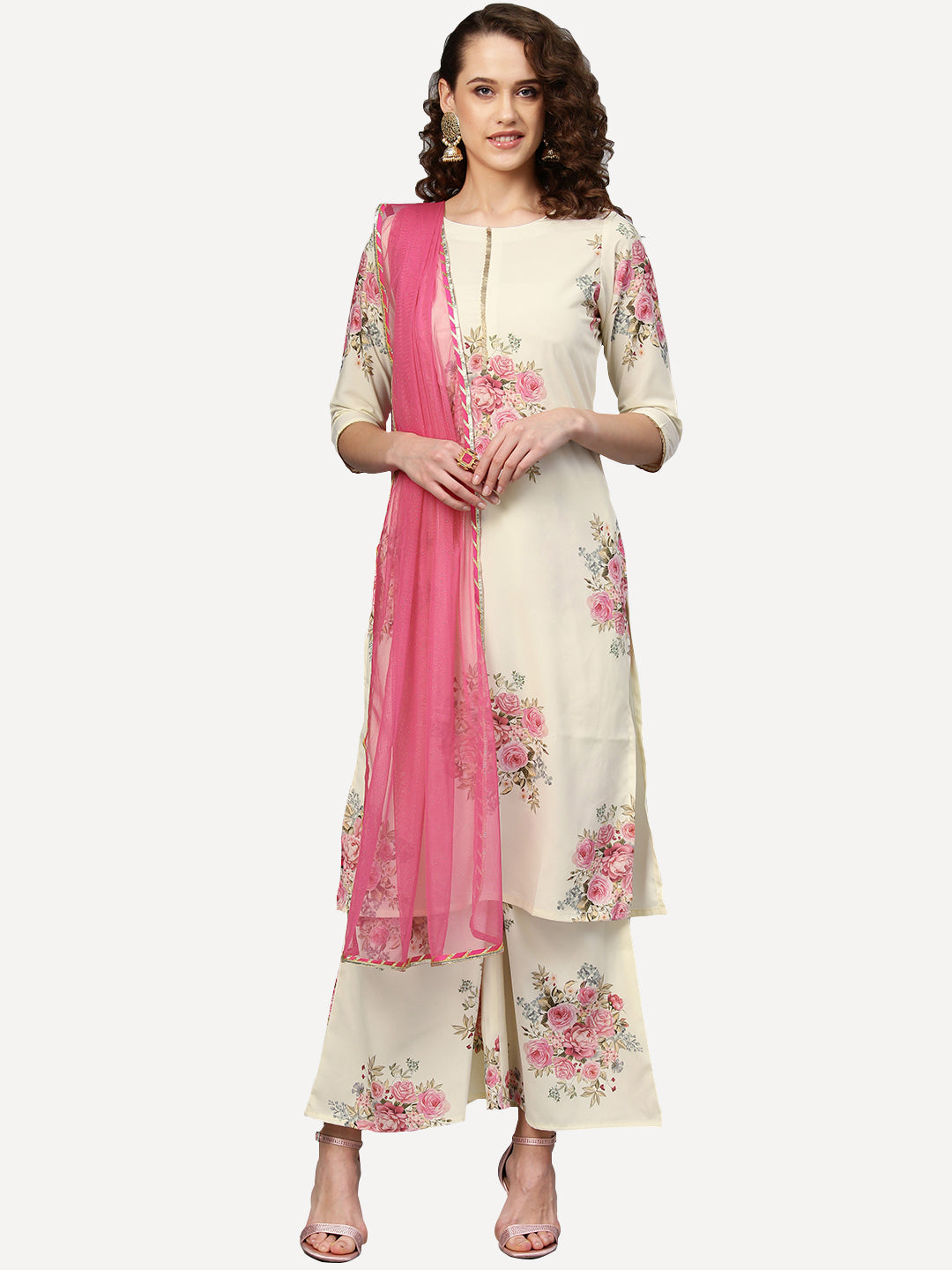 Women's Cream Crepe Digital Floral Print  Kurta Palazzo Set With Dupatta Se
