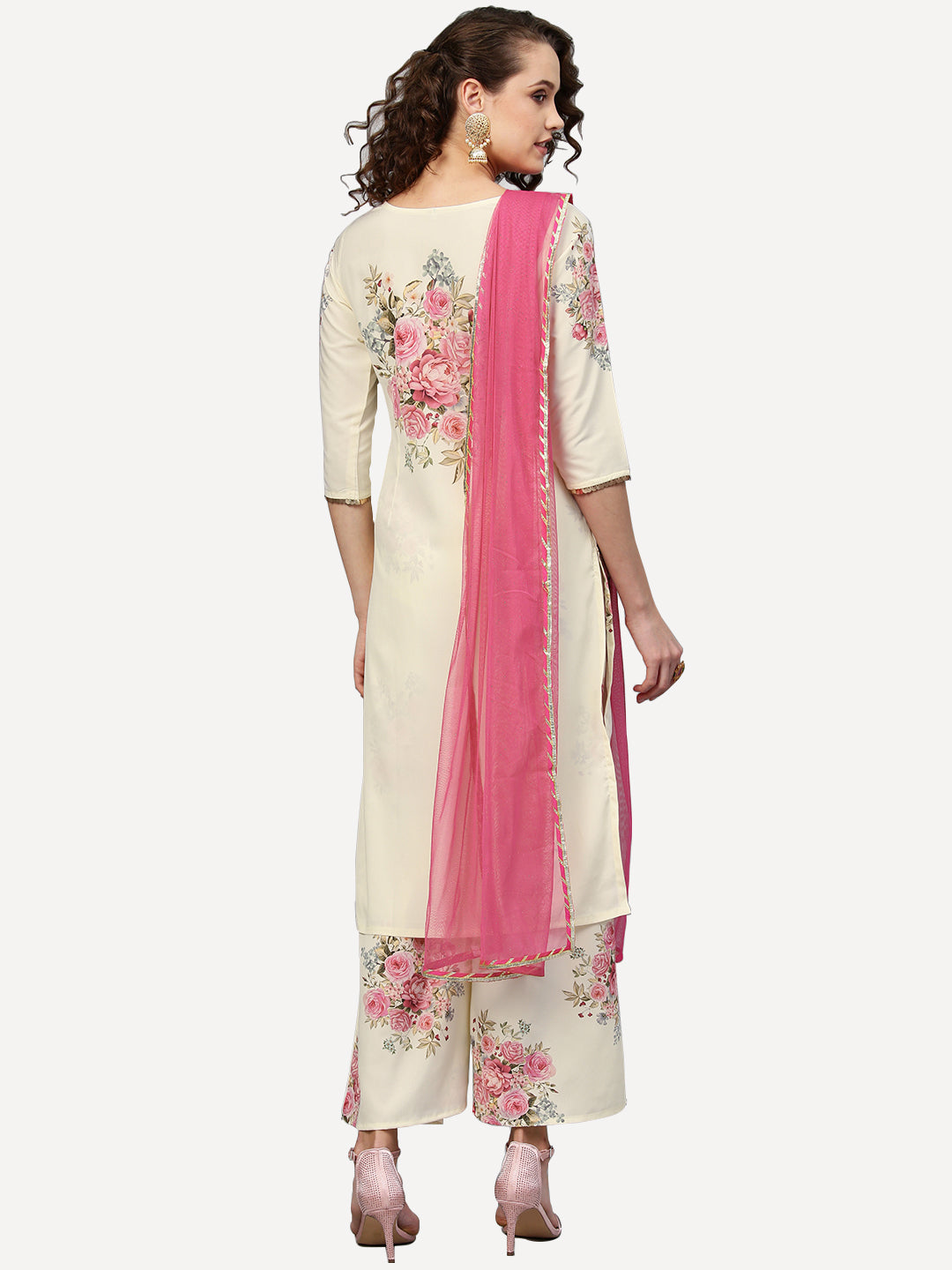 Women's Cream Crepe Digital Floral Print  Kurta Palazzo Set With Dupatta Se