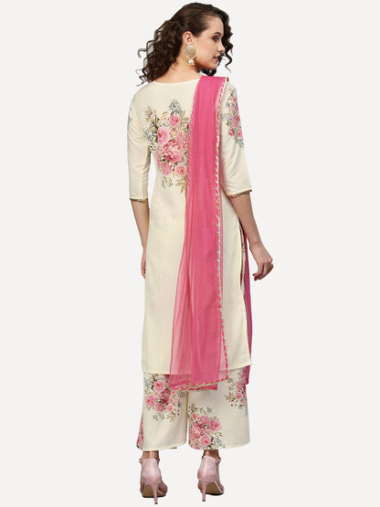 Women's Cream Crepe Digital Floral Print  Kurta Palazzo Set With Dupatta Se