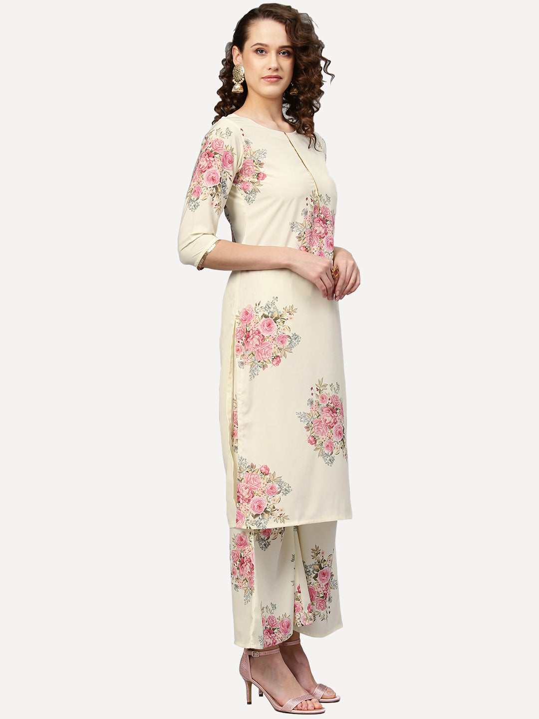 Women's Cream Crepe Digital Floral Print  Kurta Palazzo Set With Dupatta Se
