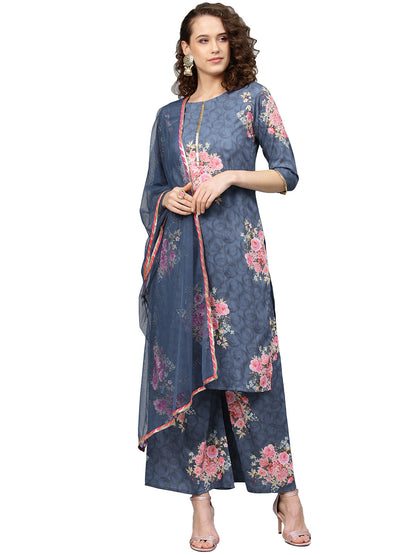Women's Blue Muslin Printed Kurta Palazzo Set With Dupatt