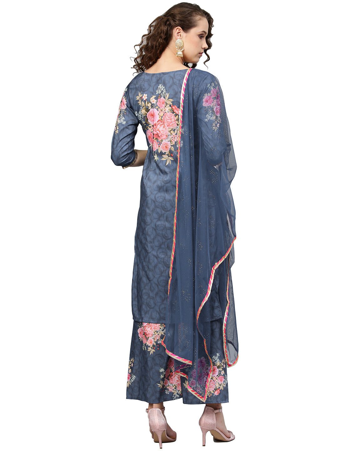 Women's Blue Muslin Printed Kurta Palazzo Set With Dupatt