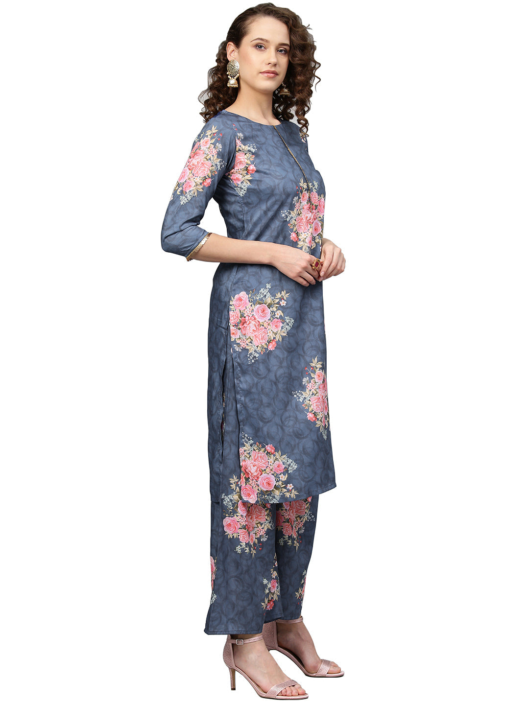 Women's Blue Muslin Printed Kurta Palazzo Set With Dupatt