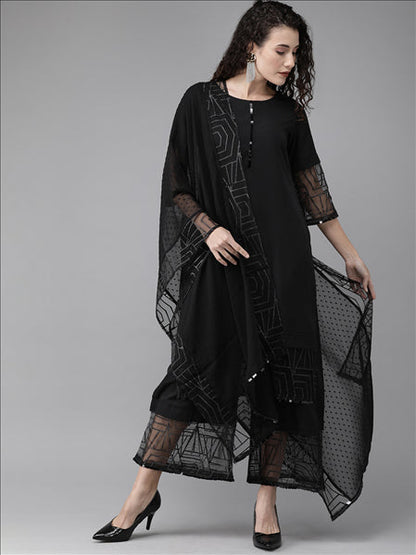 Women's Solid Black Kurta Palazzo Set With Dupatt