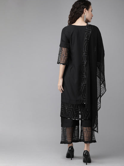 Women's Solid Black Kurta Palazzo Set With Dupatt