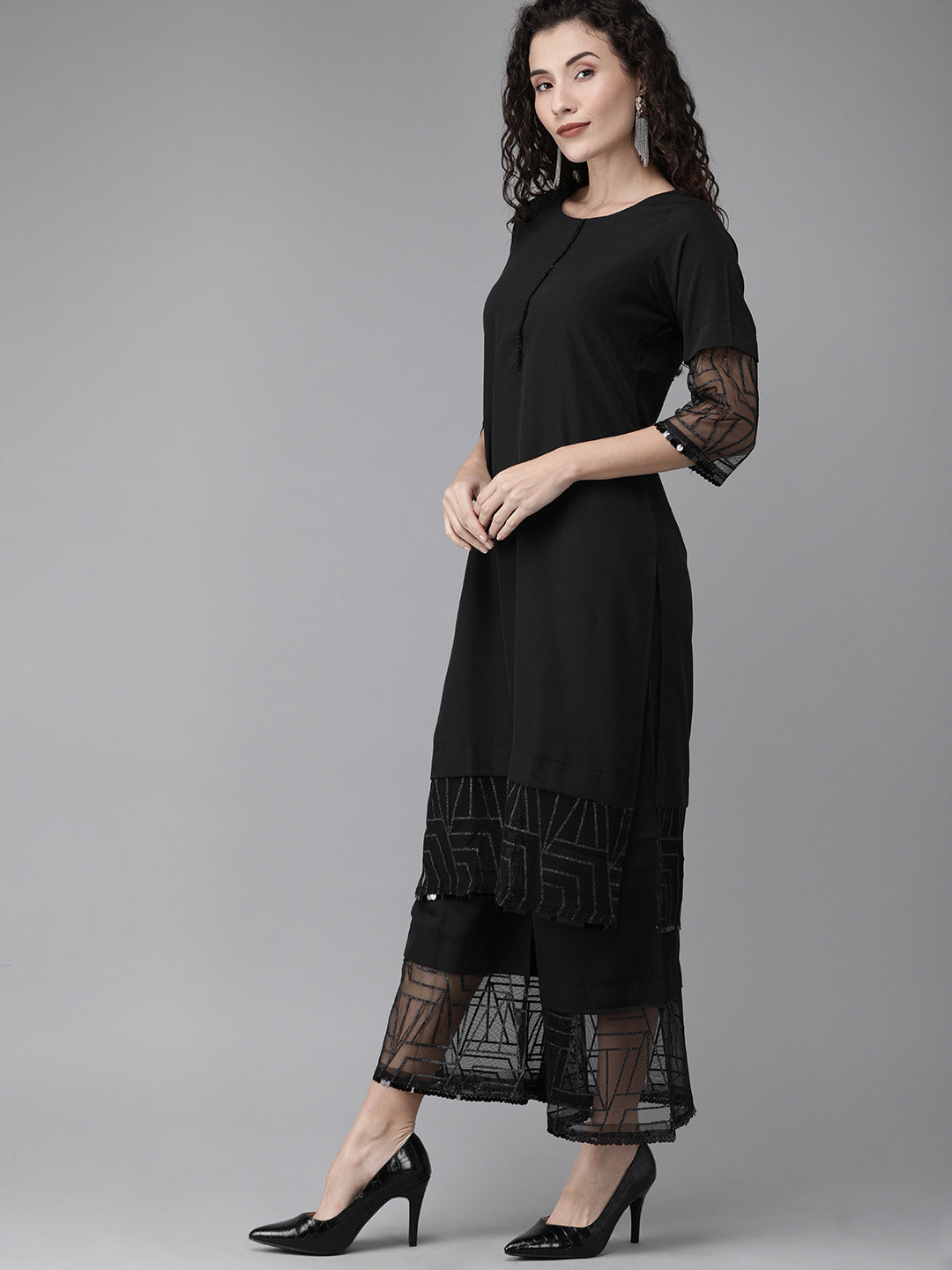 Women's Solid Black Kurta Palazzo Set With Dupatt