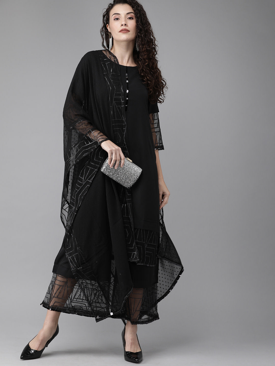 Women's Solid Black Kurta Palazzo Set With Dupatt