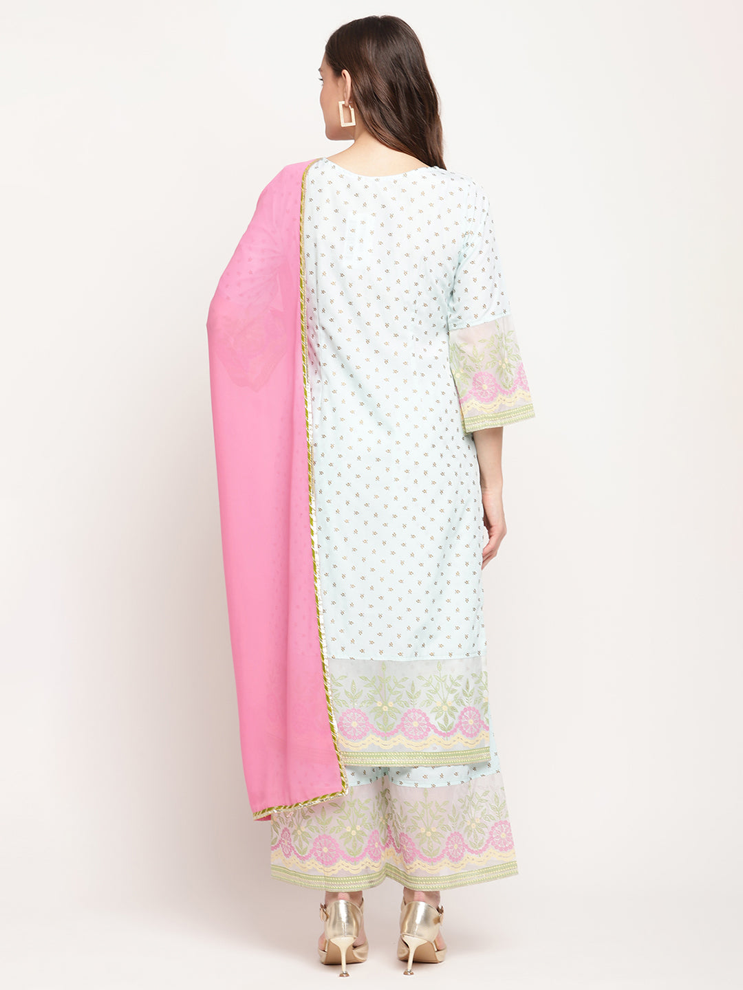 Women's Sea Green Ethnic Motifs Gold Printed Kurta Palazzo Set With Dupatt