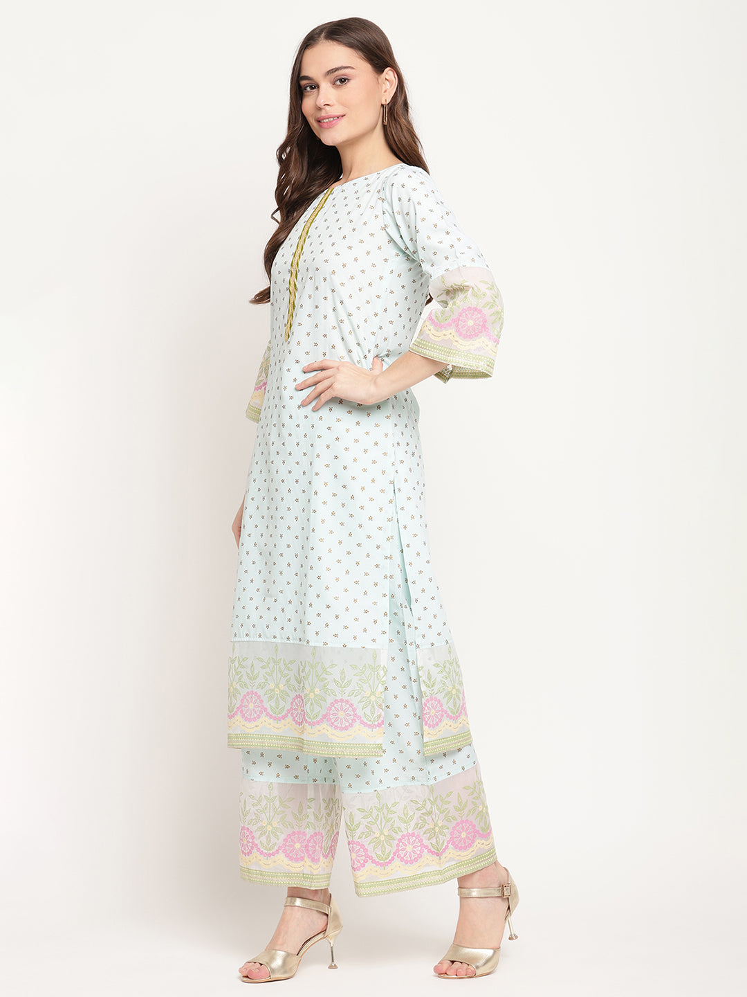 Women's Sea Green Ethnic Motifs Gold Printed Kurta Palazzo Set With Dupatt