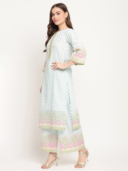 Women's Sea Green Ethnic Motifs Gold Printed Kurta Palazzo Set With Dupatt