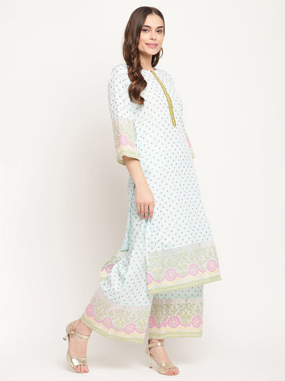 Women's Sea Green Ethnic Motifs Gold Printed Kurta Palazzo Set With Dupatt