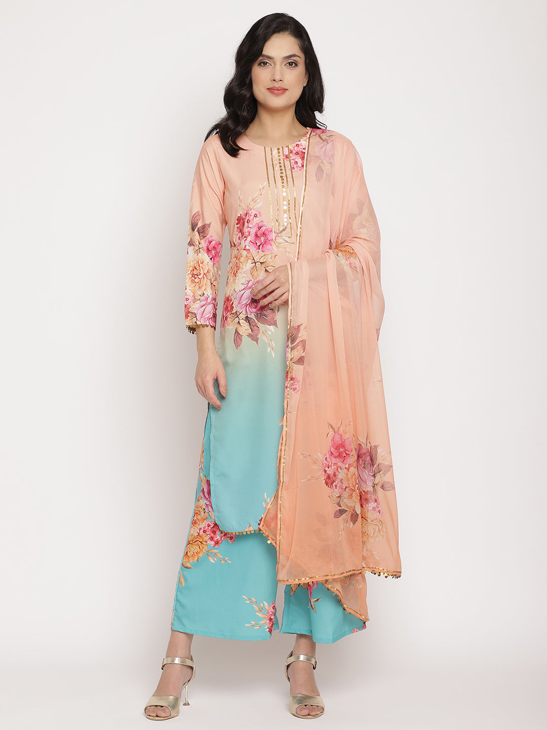 Women's Peach-Coloured Floral Printed Kurta Palazzo Set With Dupatt