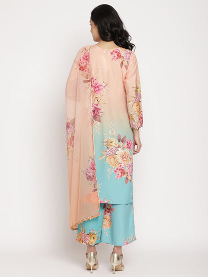 Women's Peach-Coloured Floral Printed Kurta Palazzo Set With Dupatt