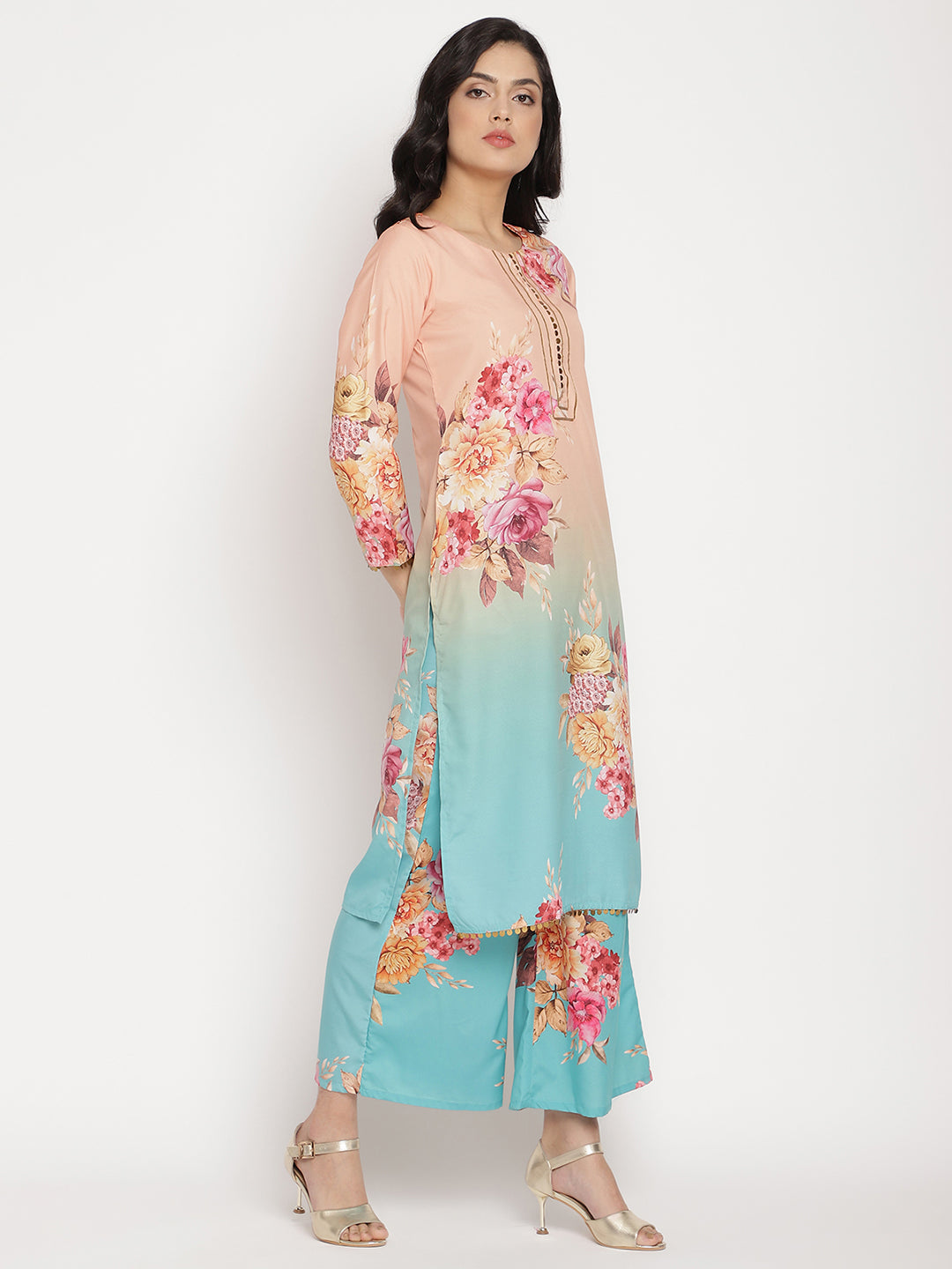 Women's Peach-Coloured Floral Printed Kurta Palazzo Set With Dupatt