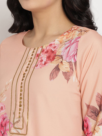 Women's Peach-Coloured Floral Printed Kurta Palazzo Set With Dupatt