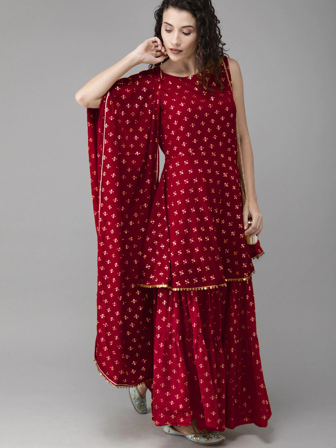 Women's  Maroon & Gold Printed Kurti With Sharara & Dupatta