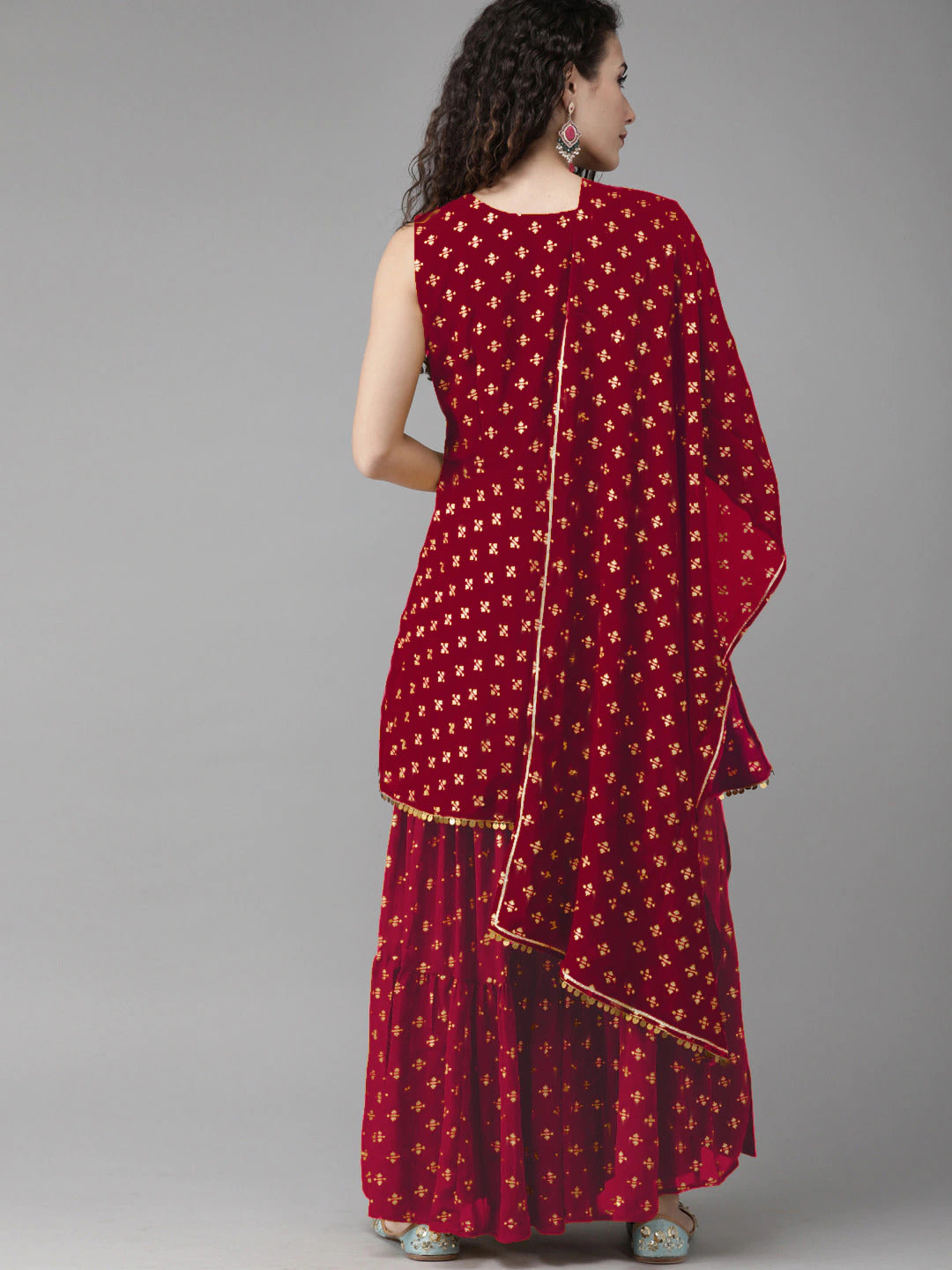 Women's  Maroon & Gold Printed Kurti With Sharara & Dupatta