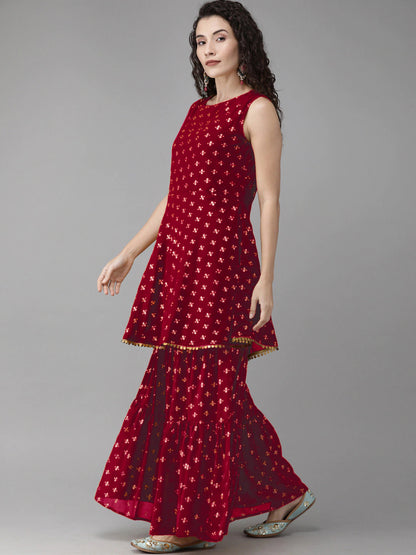 Women's  Maroon & Gold Printed Kurti With Sharara & Dupatta