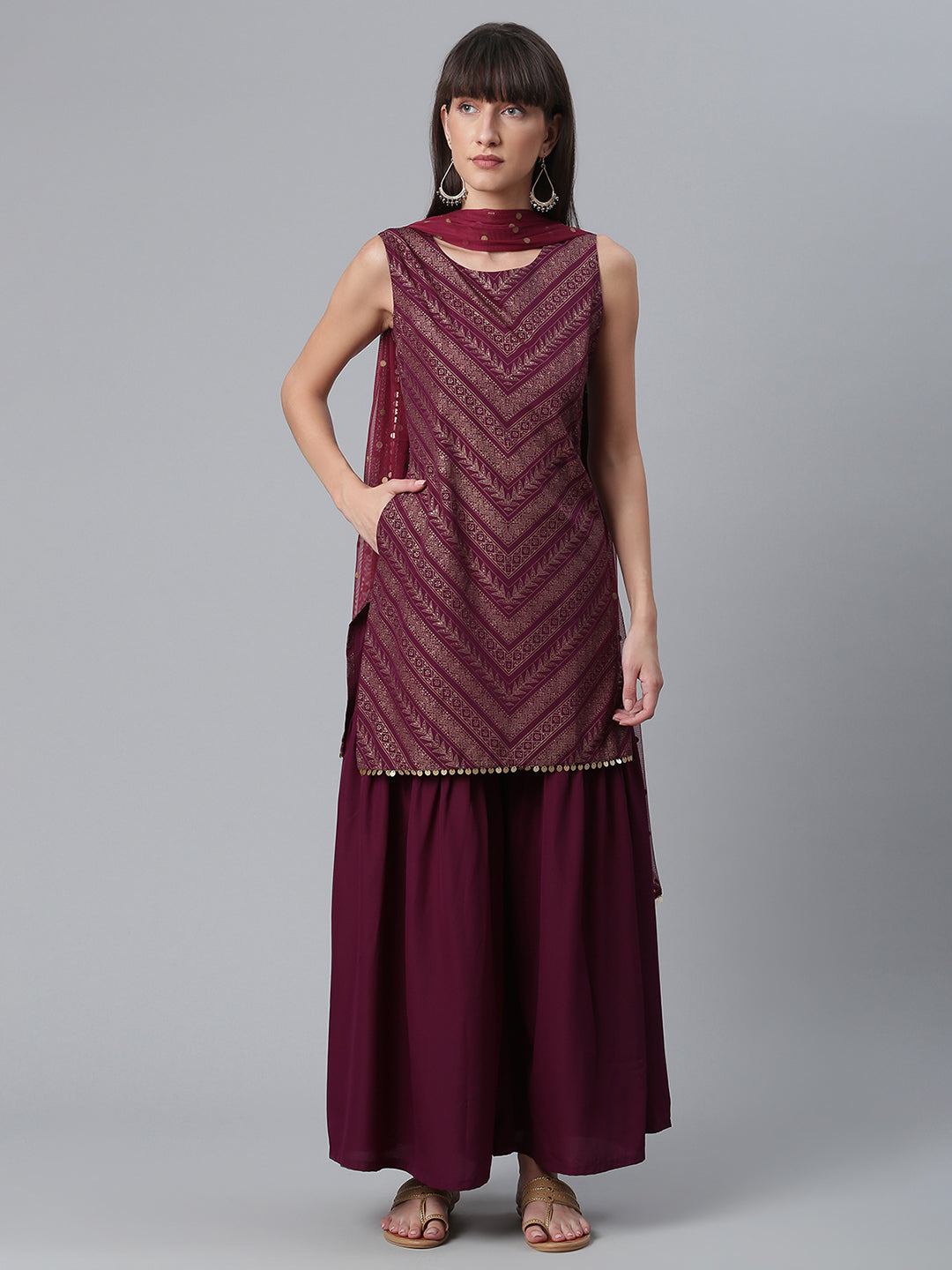 Women's Crepe Wine Kurta With Sharara And Dupatta