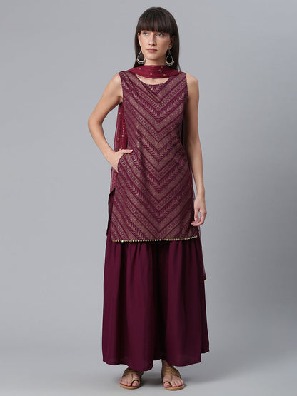 Women's Crepe Wine Kurta With Sharara And Dupatta