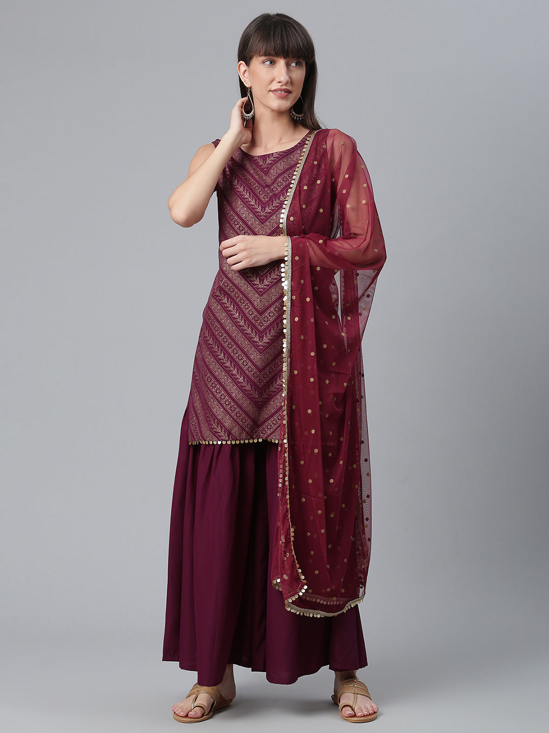 Women's Crepe Wine Kurta With Sharara And Dupatta