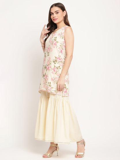 Women's Beige Crepe Digital Floral Print Kurta Sharara Set With Dupatta